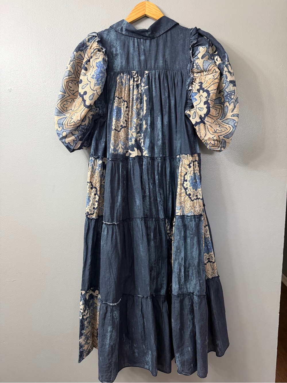Anthropologie Let Me Be Puff-Sleeve Patchwork Cotton Midi Shirt Dress Large - Picture 8 of 13